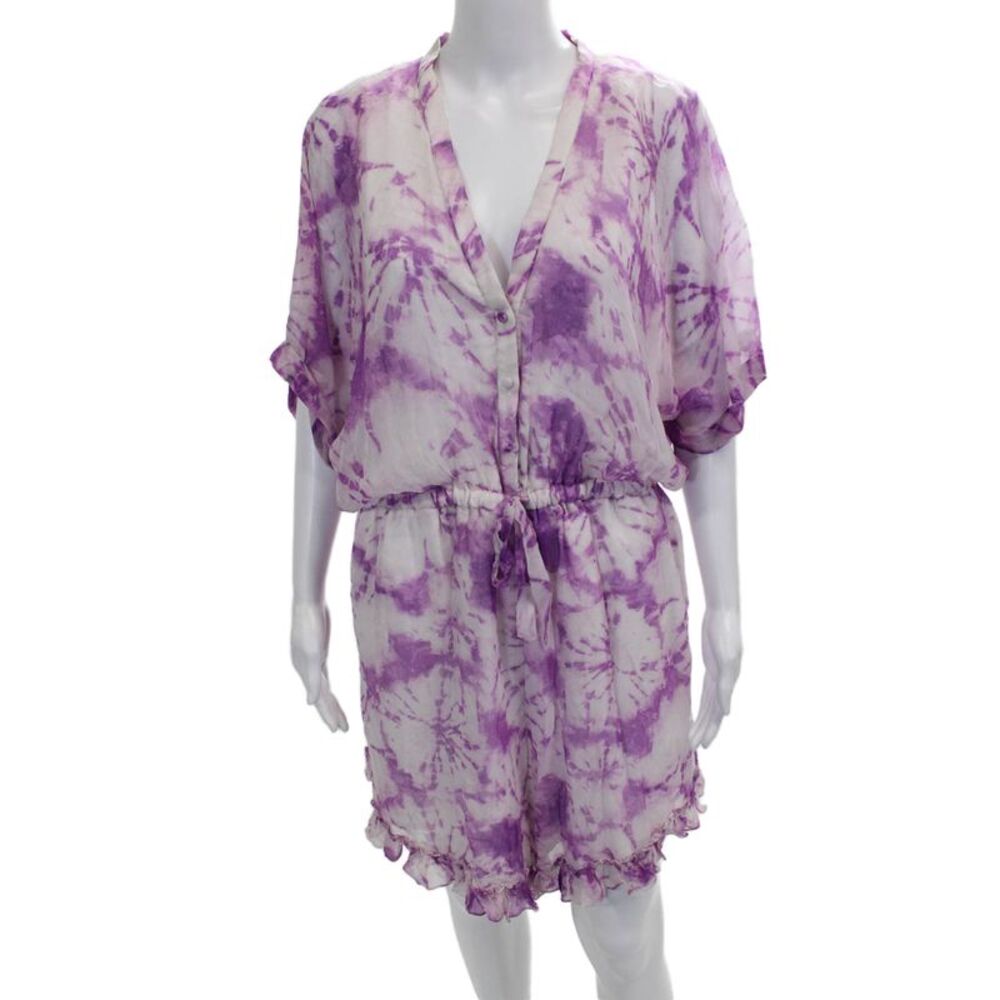 Rococo Sand Womens Romper Purple V Neck Tie Dye Short Sleeve Button Size XL